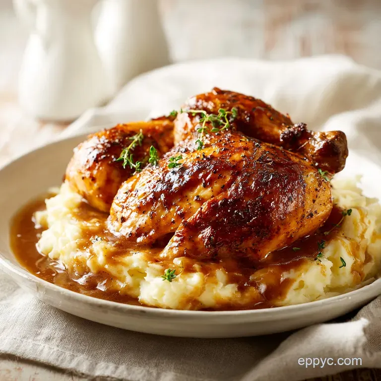 Juicy chicken portion alongside fluffy, cheesy potatoes, drizzled with glistening garlic gravy on a white plate.