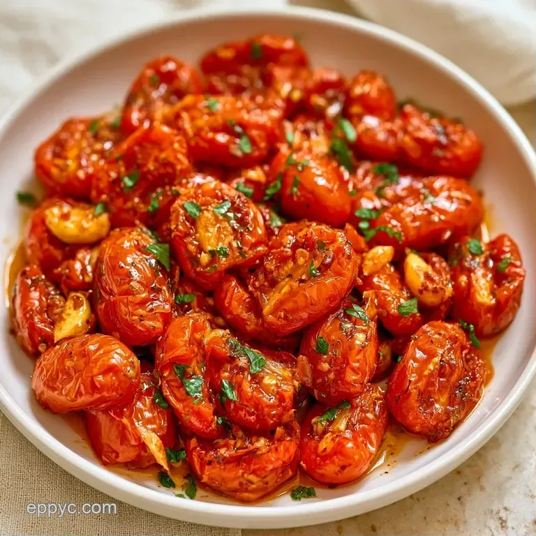 Platter of oven-roasted red tomatoes drizzled with olive oil and topped with fresh chopped parsley and sea salt.