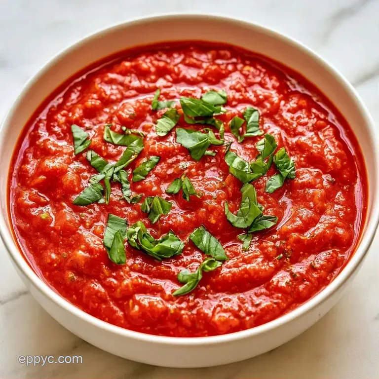 Vibrant red sauce swirled on a white plate with a drizzle of golden olive oil and a fresh green basil leaf.