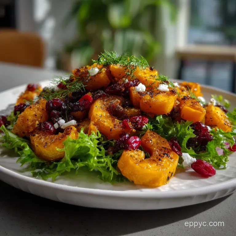 Elegant salad presentation: golden squash slices, tart cranberries, and fresh greens arranged artfully on a white plate wi...
