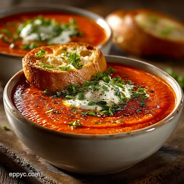 Creamy Roasted Tomato and Red Pepper Soup with Basil Pesto Swirl presentation