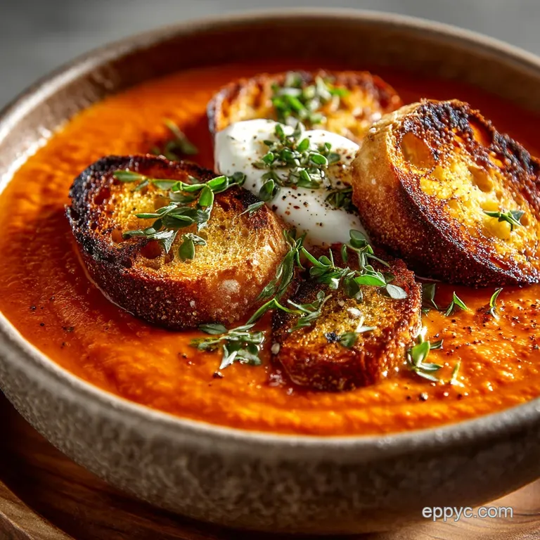 Creamy Roasted Tomato and Red Pepper Soup with Basil Pesto Swirl