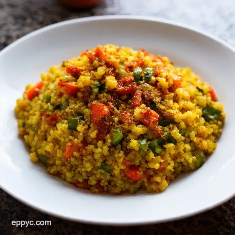 Roasted Vegetable Cous Cous with Fiery Harissa Vinaigrette presentation