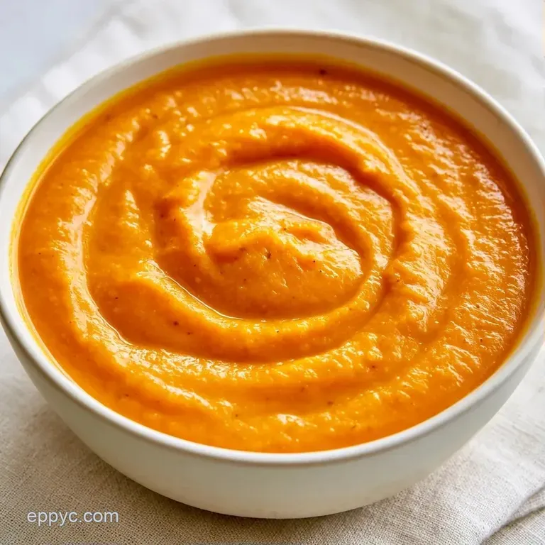 Vibrant orange puree in a minimalist white bowl with a drizzle of cream and fresh herbs on a grey linen backdrop.
