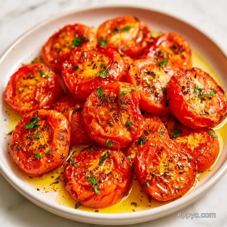 Vibrant red tomato wedges drizzled in golden olive oil, served in a white ceramic bowl with cracked black pepper.