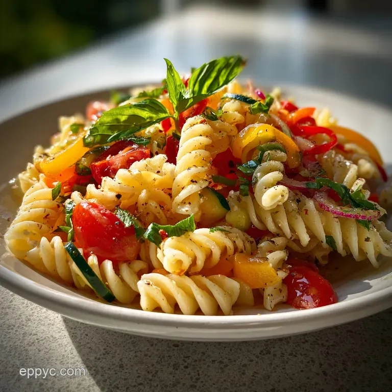 A bright serving of rotini pasta salad, artfully arranged on a white plate, with a sprig of fresh dill for garnish.