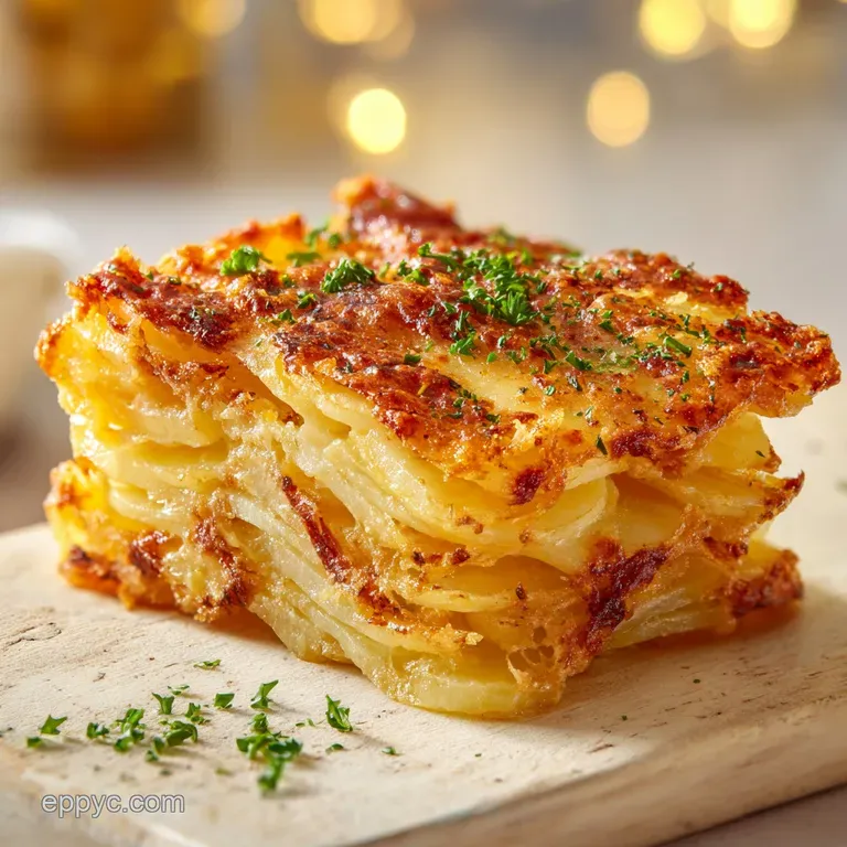 A neat square of layered potato slices topped with toasted cheese, served on a white ceramic plate with a side garnish.