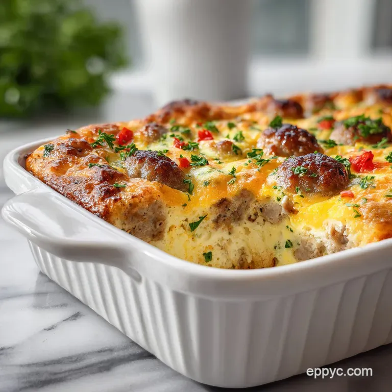 A generous slice of creamy egg casserole with browned sausage, sprinkled with herbs on a white plate. Warm, comforting, an...