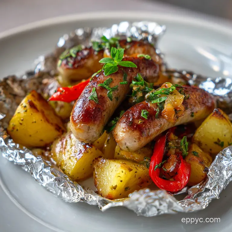 A single, open foil packet reveals juicy sausage, tender potatoes, and colorful bell peppers, glistening with savory juice...