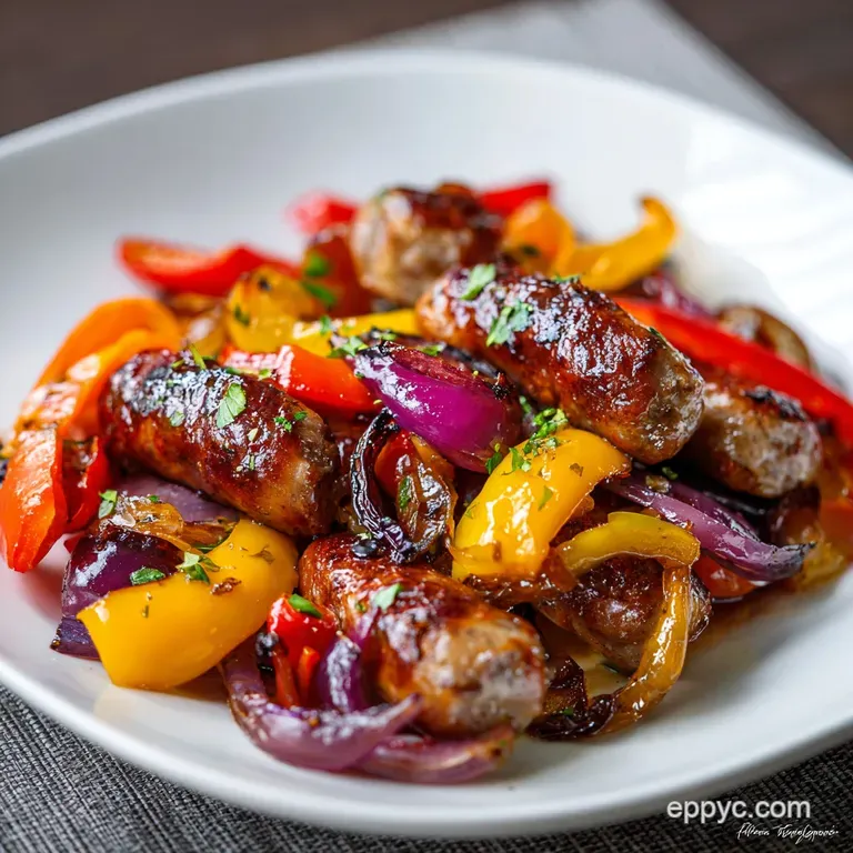 Sliced browned sausages and vibrant bell peppers arranged neatly on a white ceramic platter with fresh parsley.