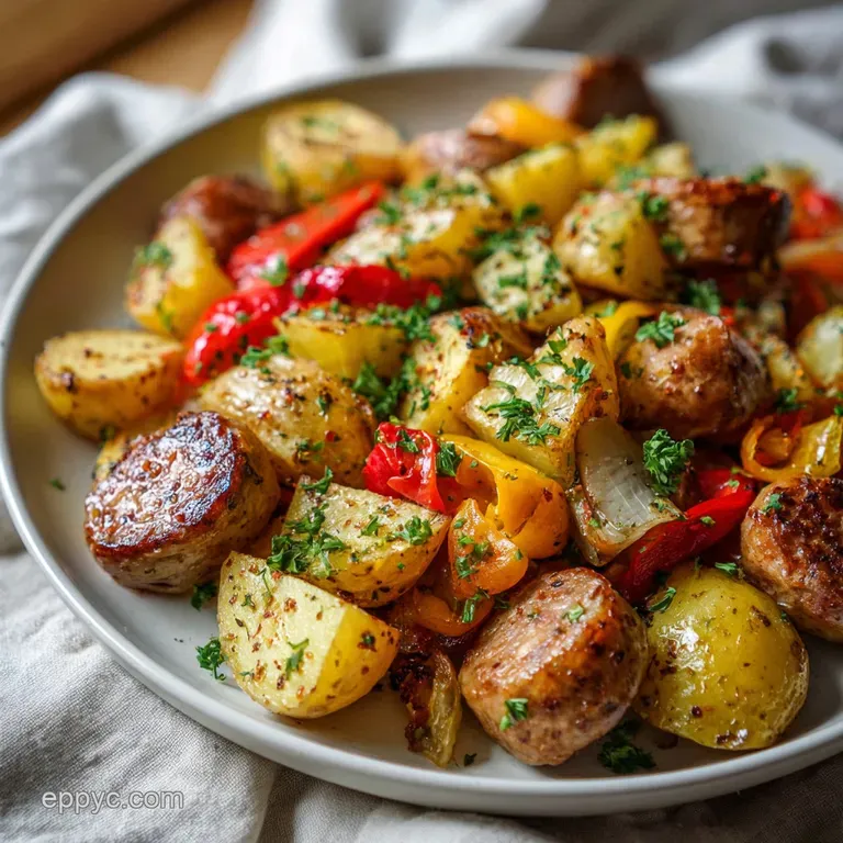 A single savory sausage link atop a bed of fluffy roasted potatoes and glistening red and green pepper slices on a white p...