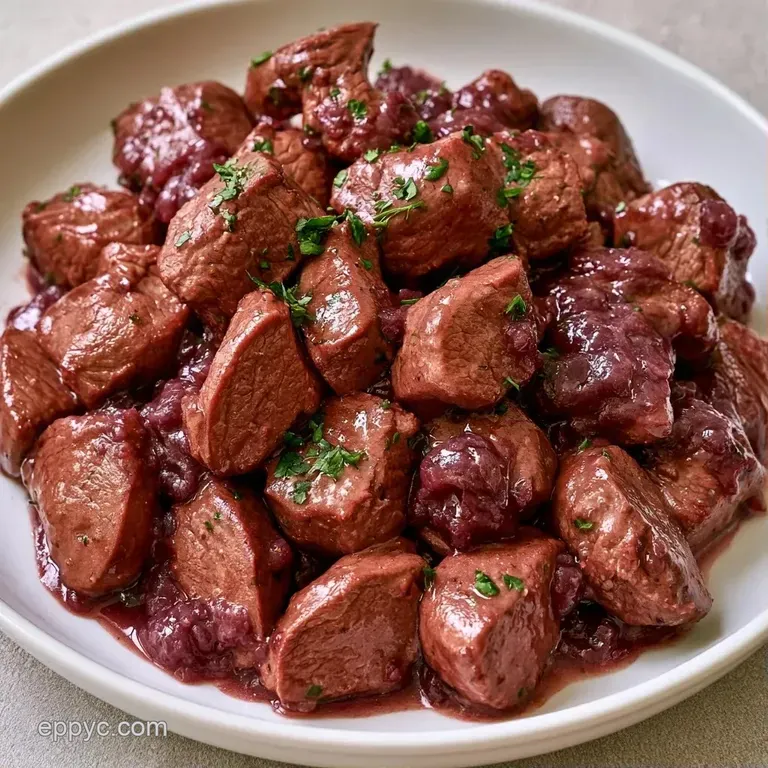 On a white plate, seared kidney morsels sit in a pool of glossy, dark grape sauce with a sheen of melted butter.