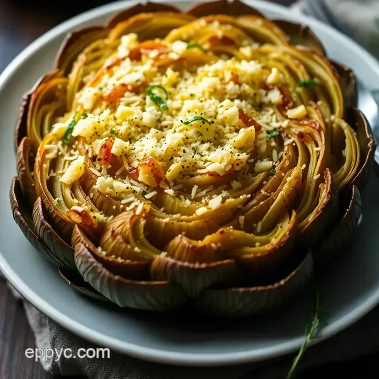 Savory Baked Artichoke with Herbed Parmesan Crust presentation