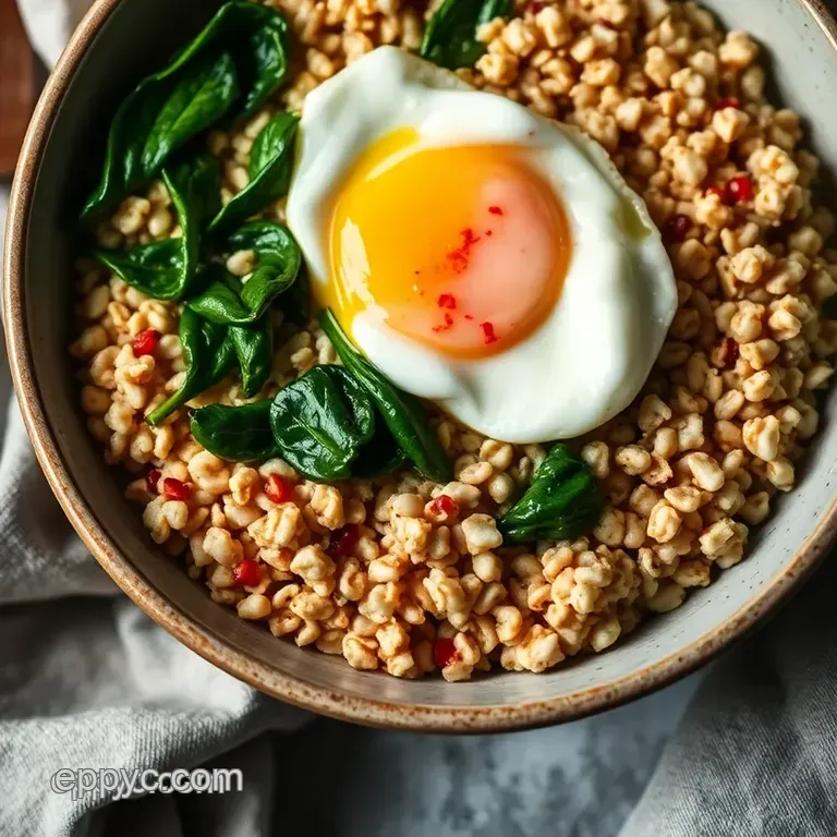Savory Cracked Oats Breakfast Bowl with Poached Egg and Greens presentation