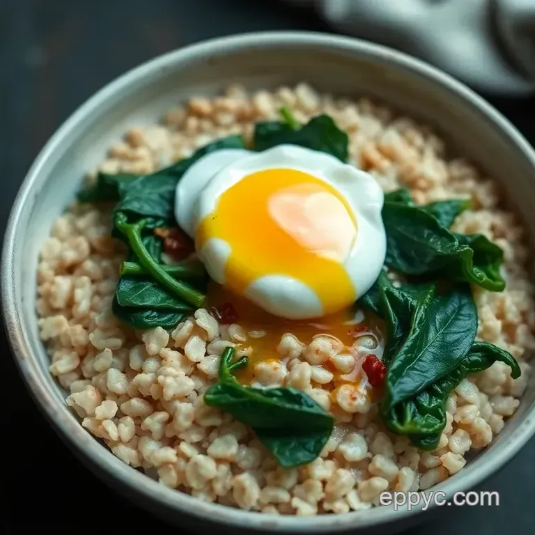 Savory Cracked Oats Breakfast Bowl with Poached Egg and Greens