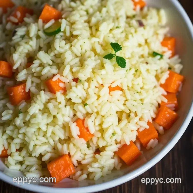 Savory Pearl Rice Pilaf with Herbs and Vegetables presentation