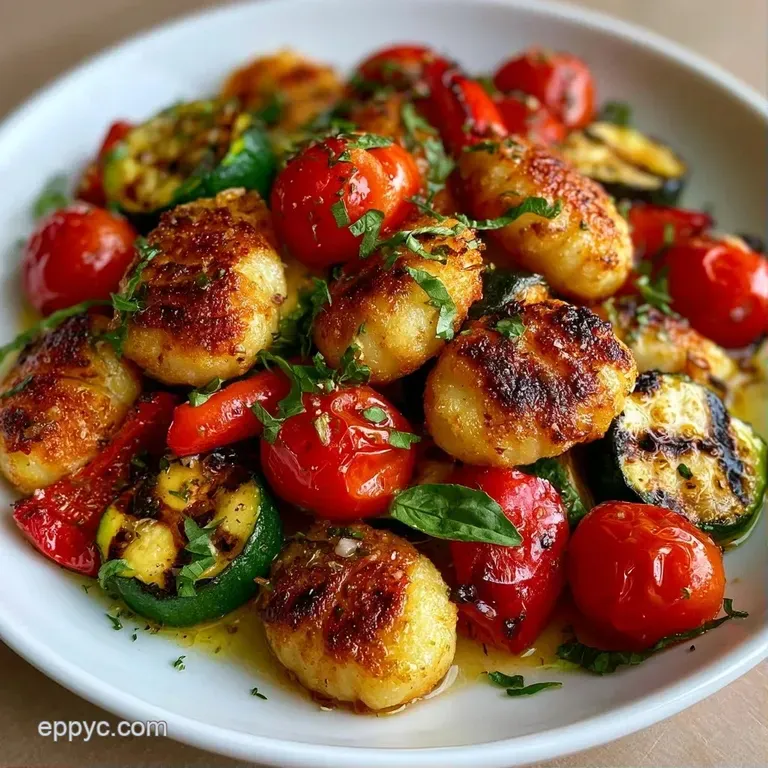 A white ceramic plate holding golden gnocchi and vibrant roasted vegetables garnished with fresh green parsley.