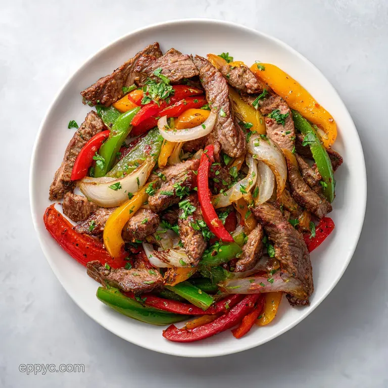 A colorful medley of charred steak, red and green peppers, and onions served artfully with lime wedges.