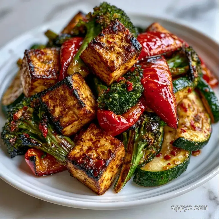 A white plate featuring golden-brown tofu cubes and vibrant roasted vegetables finished with a sprinkle of sesame seeds