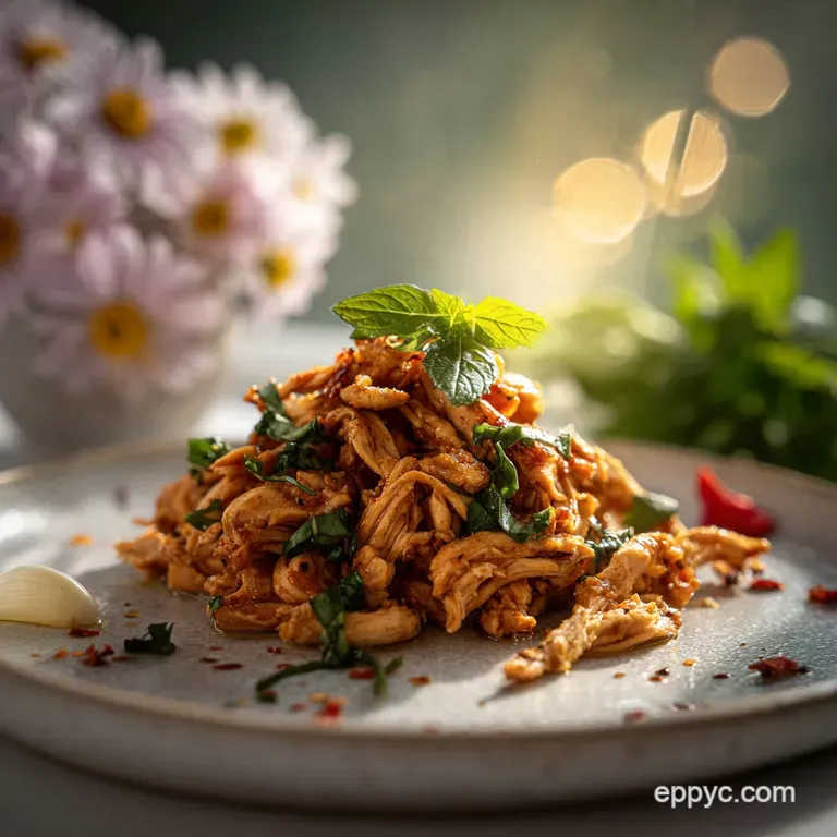 Elegant plate with a mound of herbed shredded chicken, bright green broccoli florets, and perfectly portioned, steaming wh...