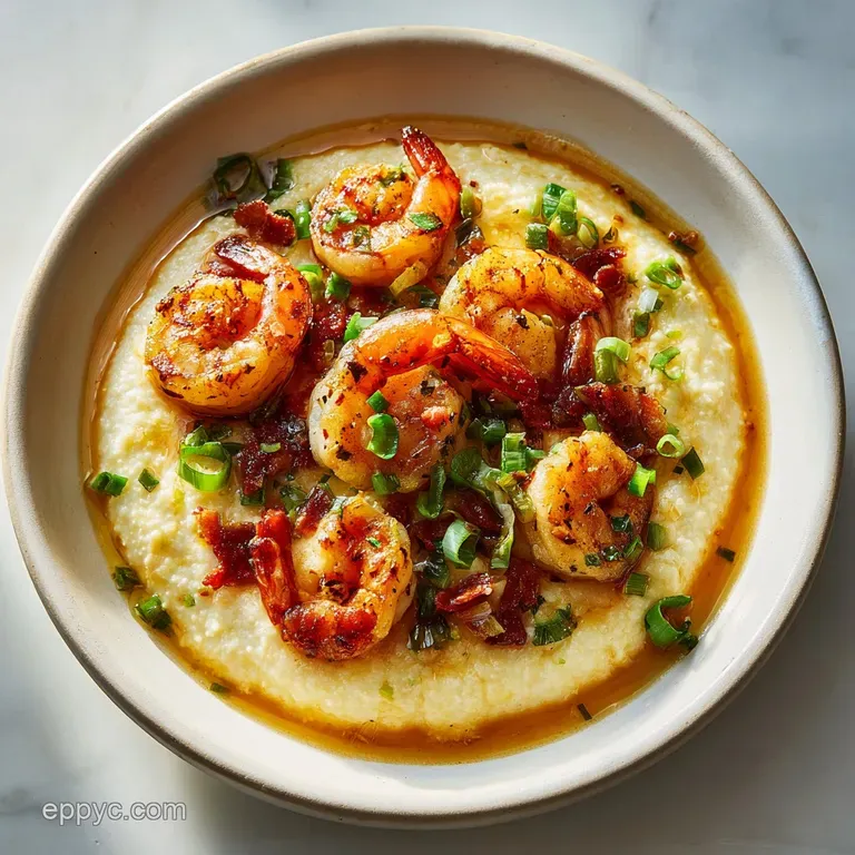 Perfectly plated shrimp and grits. Vibrant orange shrimp contrast creamy yellow grits. Garnished with a swirl of bone broth.
