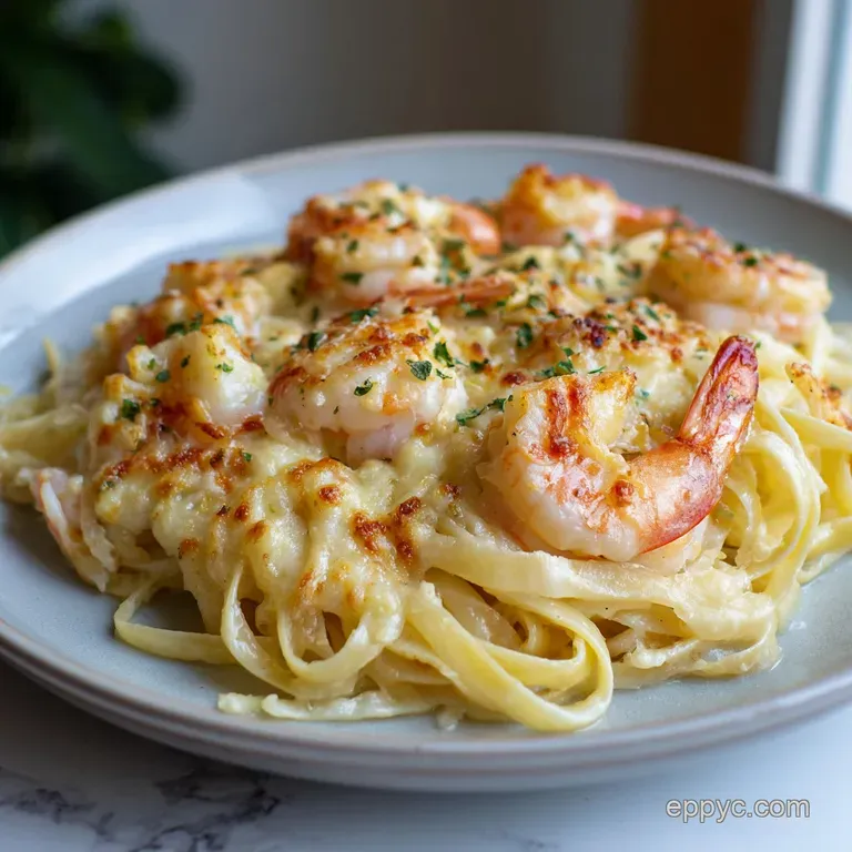 A ceramic baking dish filled with buttery pasta, topped with toasted cheese and a sprinkle of bright green herbs.