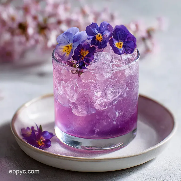 Elegant cocktail presentation: Easter cocktail garnished with pansies, displayed alongside colorful Easter eggs in soft pa...