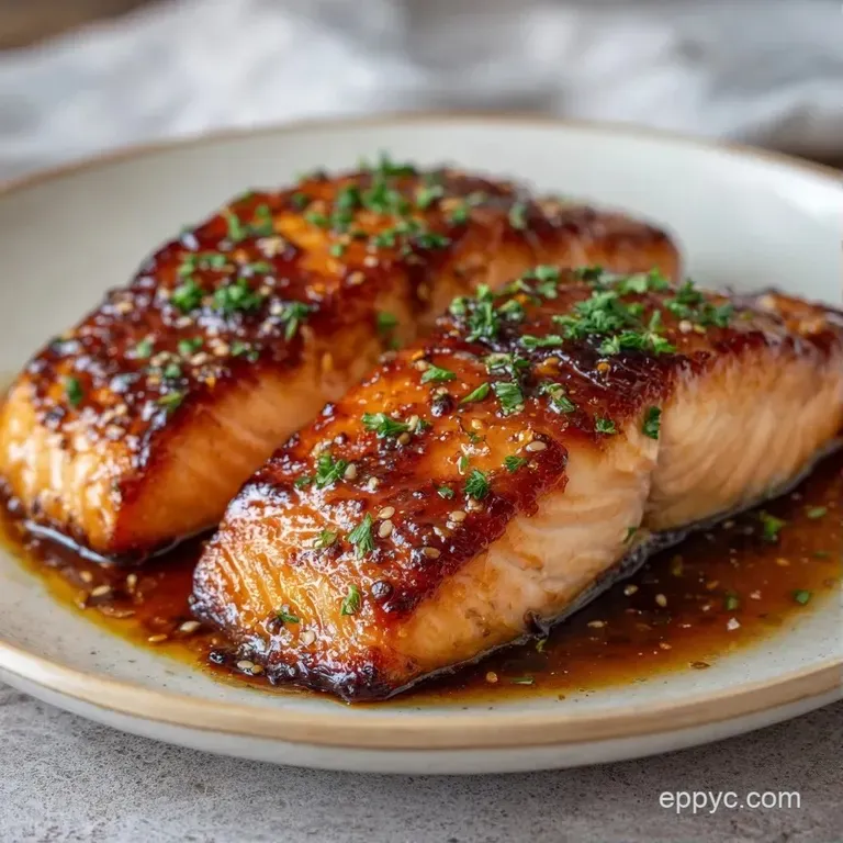 Elegantly plated glazed salmon on white porcelain with bright green asparagus and a fresh lemon wedge.