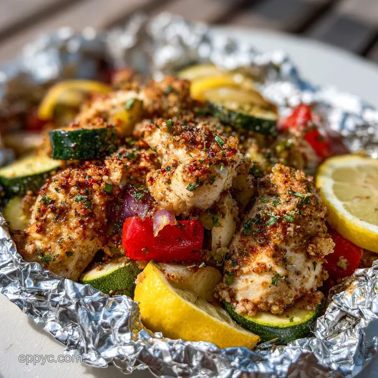 Steaming vegetables and tender meat spilling from a torn foil packet, garnished with herbs on a rustic wooden board.