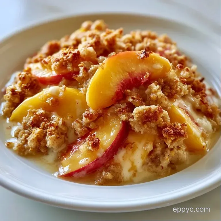 A slice of warm peach crumble on a ceramic plate, topped with a melting scoop of vanilla cream and a fresh mint leaf.