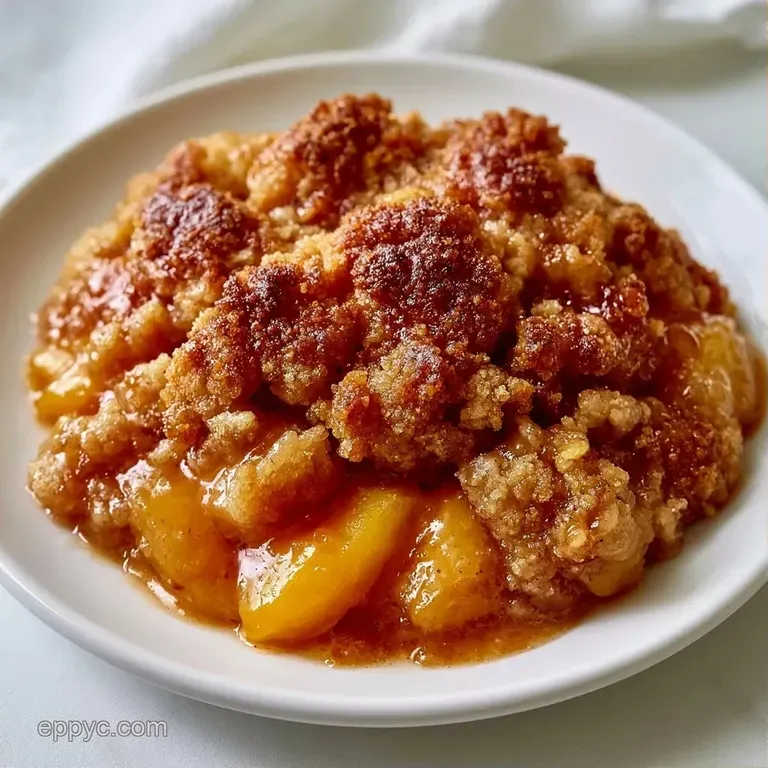 Warm, bubbly orange fruit under a golden crust, served in a white dish with a sprig of fresh mint for garnish.