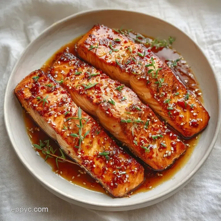 Three glistening salmon fillets atop vibrant steamed asparagus with a lemon wedge and a sprinkle of fresh parsley.