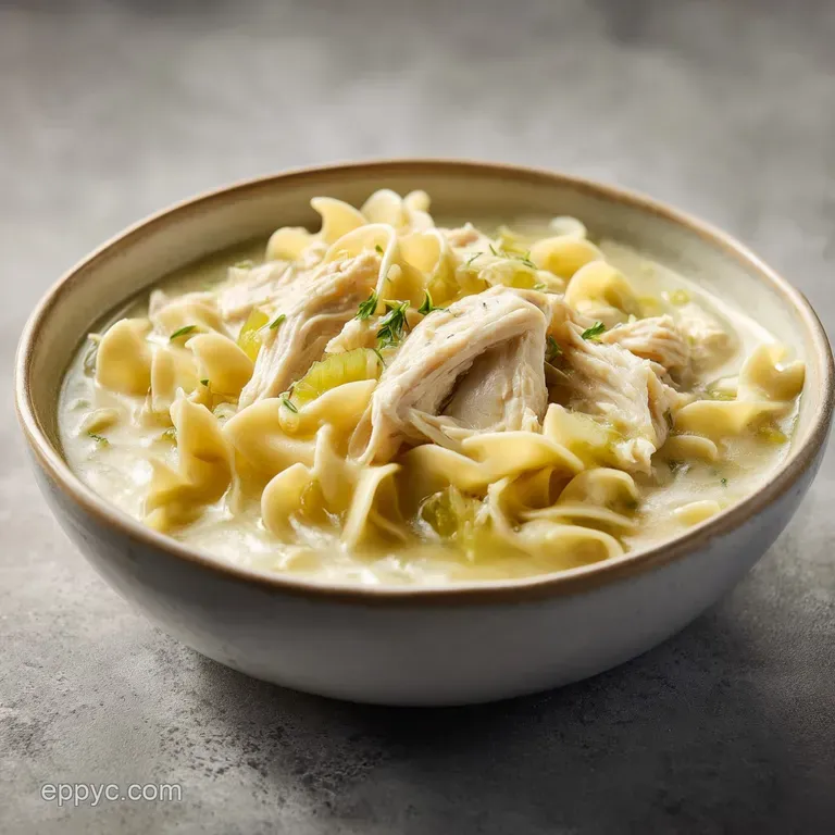 A comforting bowl of tender chicken and broad egg noodles, glistening with rich broth, artfully garnished.