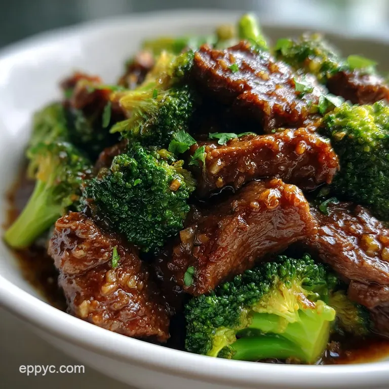 Glossy beef and bright green broccoli artfully arranged on a plate, sprinkled with sesame seeds, a healthy and satisfying ...