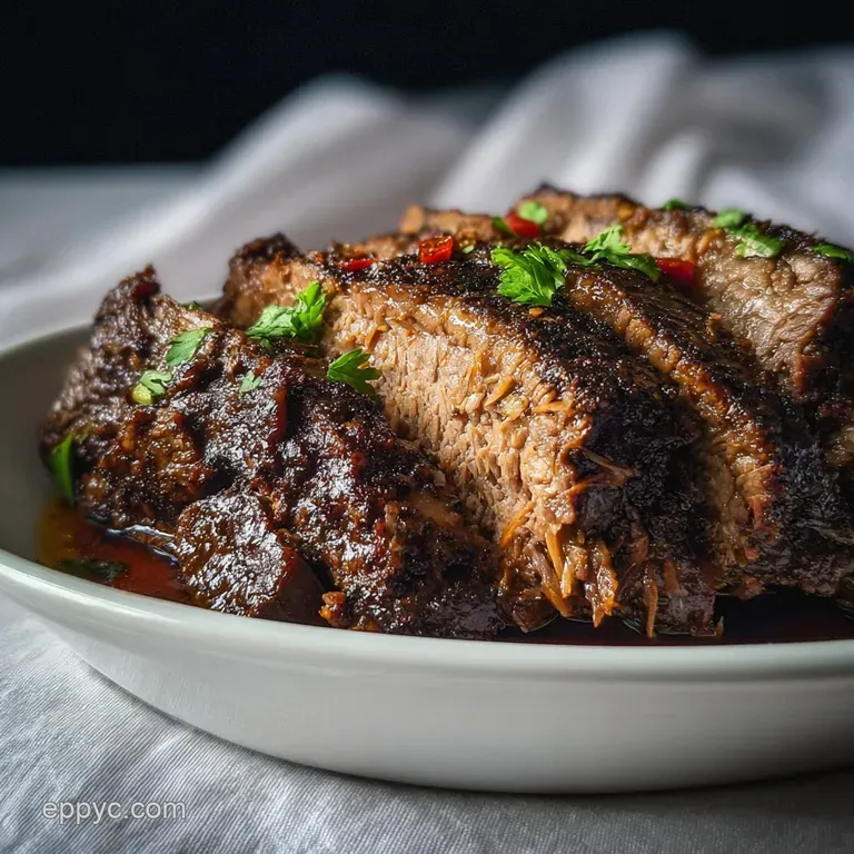 Juicy brisket slices arranged on a white plate with vibrant green parsley garnish, hinting at a melt-in-your-mouth texture.