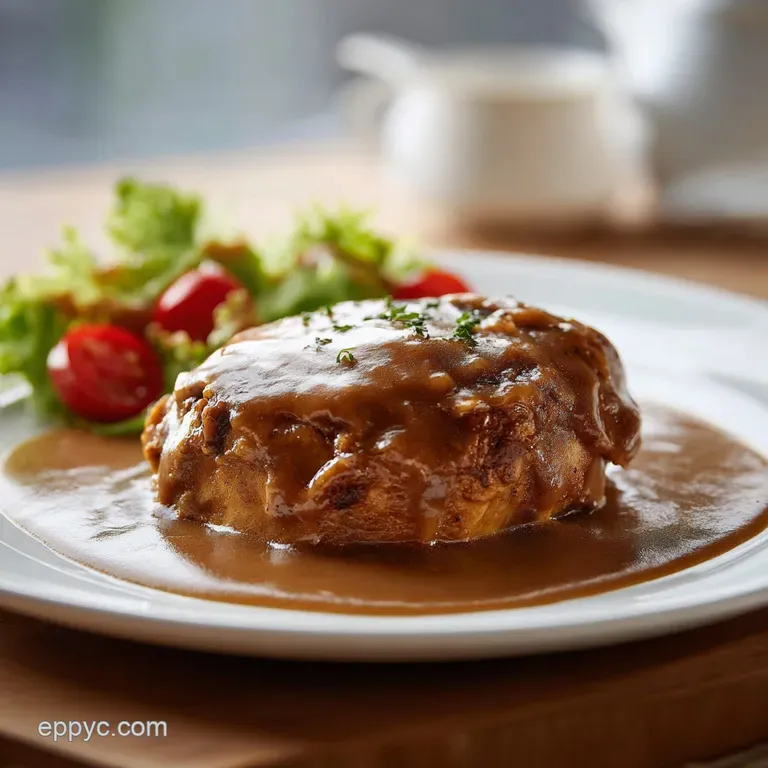 Tender, slow-cooked chicken bathed in velvety gravy, topped with fresh herbs on a white plate.