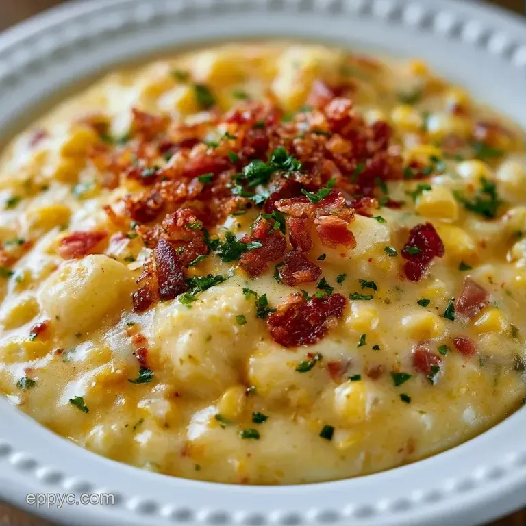 A rustic ceramic bowl of thick golden soup topped with crispy brown bacon and a silky swirl of fresh cream.