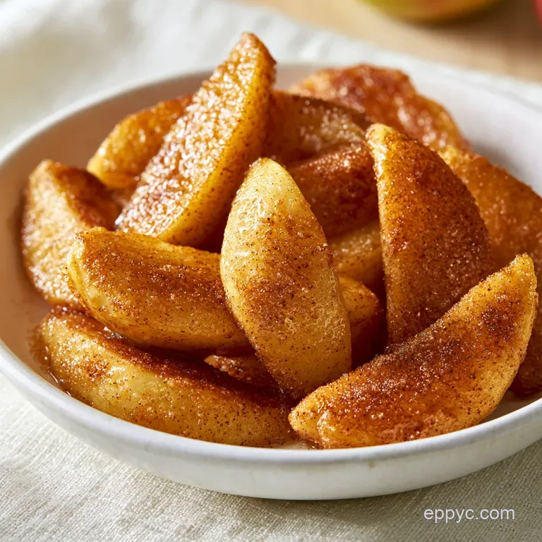 Tender cinnamon-coated apple slices neatly piled on a white plate, drizzled with amber syrup and a mint leaf.