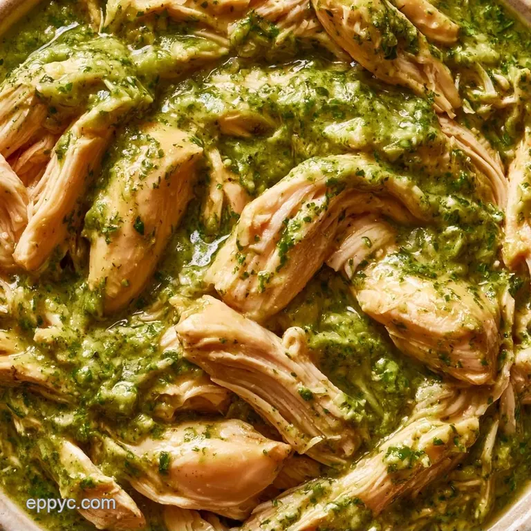 Shredded chicken in green sauce topped with fresh cilantro and thin radish slices on a clean white stoneware plate.