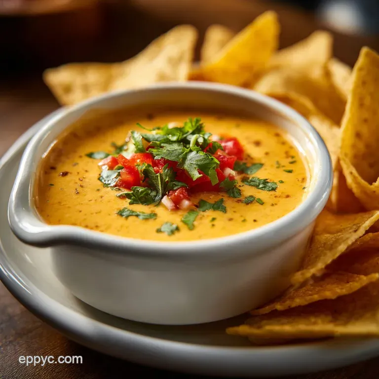 A ramekin of rich, golden queso dip crowned with crumbled chorizo, alongside crisp tortilla chips.