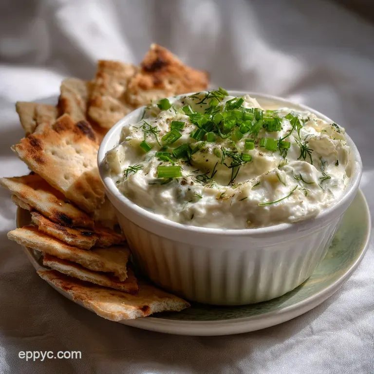 Elegant small glass serving bowl filled with a swirl of creamy white dip, garnished with a sprig of fresh herbs on a dark ...