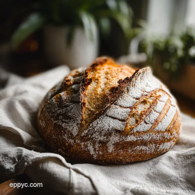 Thick slice of airy sourdough bread rests on a wooden board, ready for butter. Warm, inviting golden and brown tones.