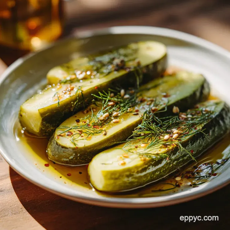 Crisp, crinkled pickle spears, bursting with herbs and spices, overflowing from a rustic glass jar on a wooden table.