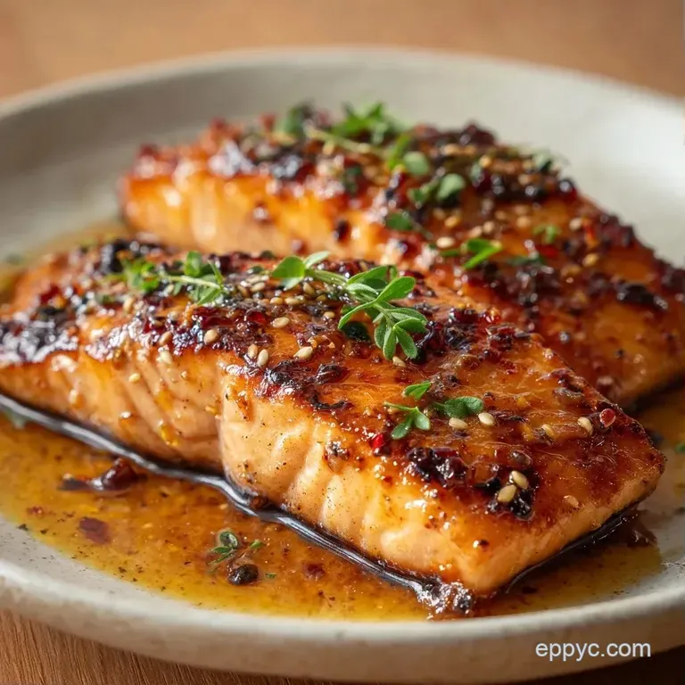 Seared salmon fillet drizzled with dark syrup on a white ceramic plate with sliced radishes and microgreens.