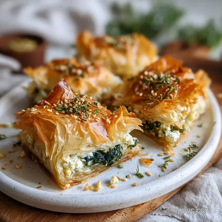 Delicate layers of crisp phyllo dough encase a vivid green spinach mixture. The plate has a scattering of sesame seeds and...