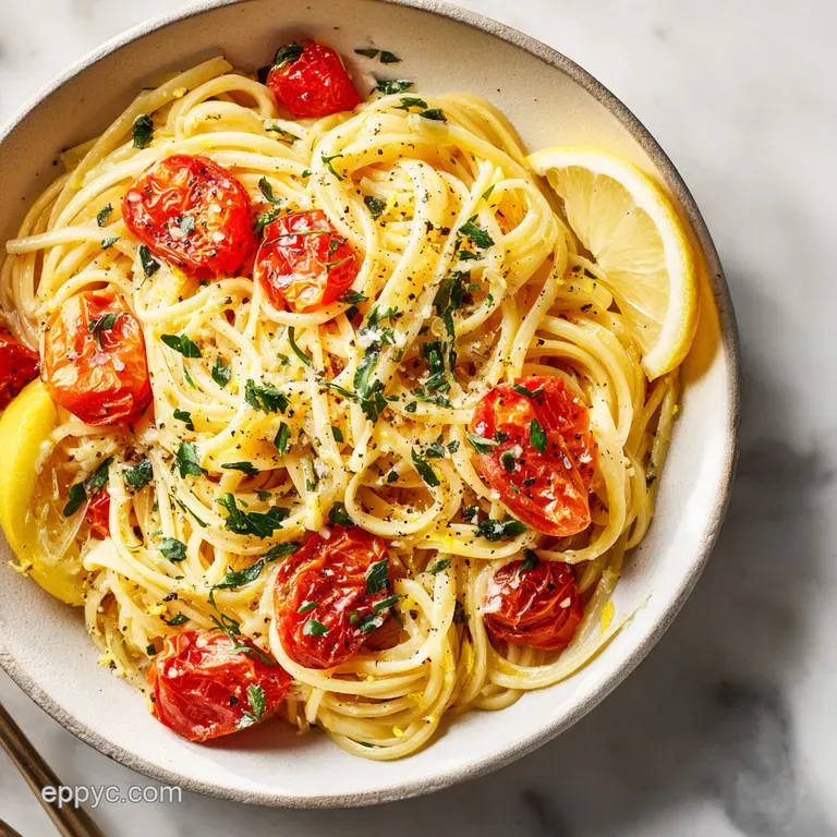 A beautifully plated tangle of tender pasta coated in a rich, sunny lemon sauce.