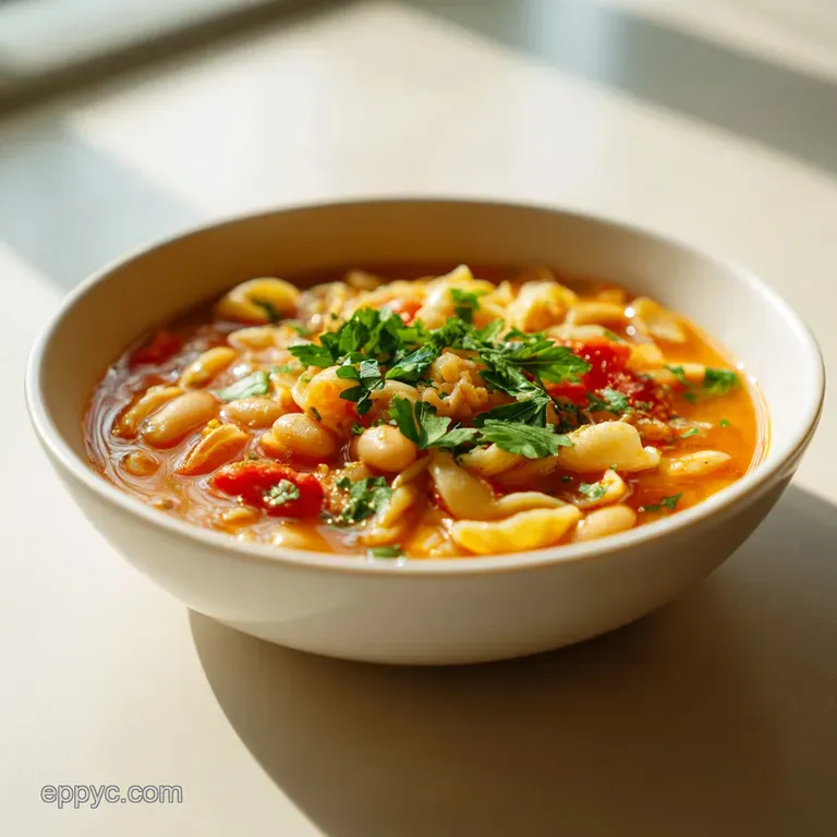 A steaming bowl of pasta fagioli, topped with fresh parsley and a drizzle of cream, artfully arranged.