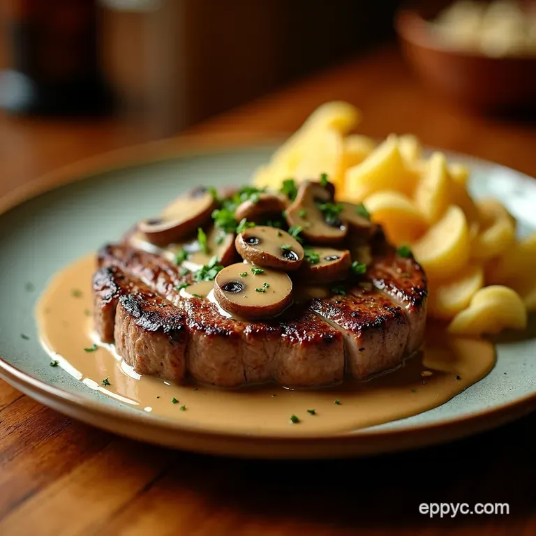 Steakhousestyle Steak with Creamy Mushroom Sauce presentation