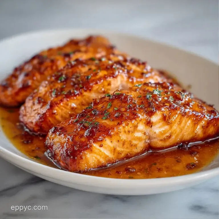 Glazed orange-pink salmon resting on a white ceramic plate with lemon slices and a sprig of fresh green parsley.
