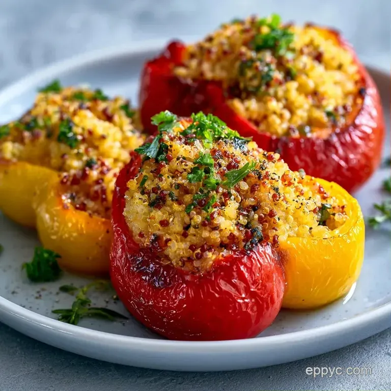 Roasted bell pepper halves bursting with quinoa and corn on a white plate, garnished with a swirl of creamy avocado.